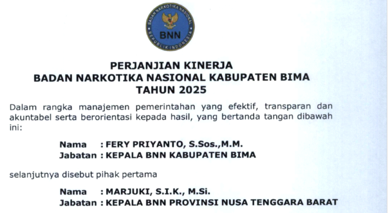 Perjanjian Kinerja BNN Kabupaten Bima Tahun 2025 Perjanjian Kinerja BNN Kabupaten Bima