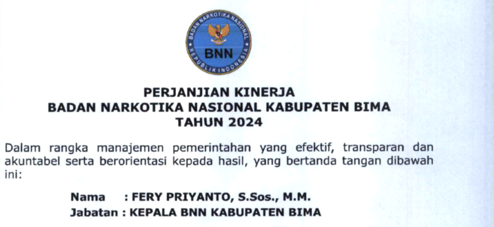 Perjanjian Kinerja BNN Kabupaten Bima Perjanjian Kinerja BNN Kabupaten Bima